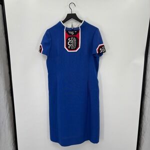 Vera Maxwell Shift Dress Womens XL Blue Vintage Mod Graphic Mock Neck Pocket 60s